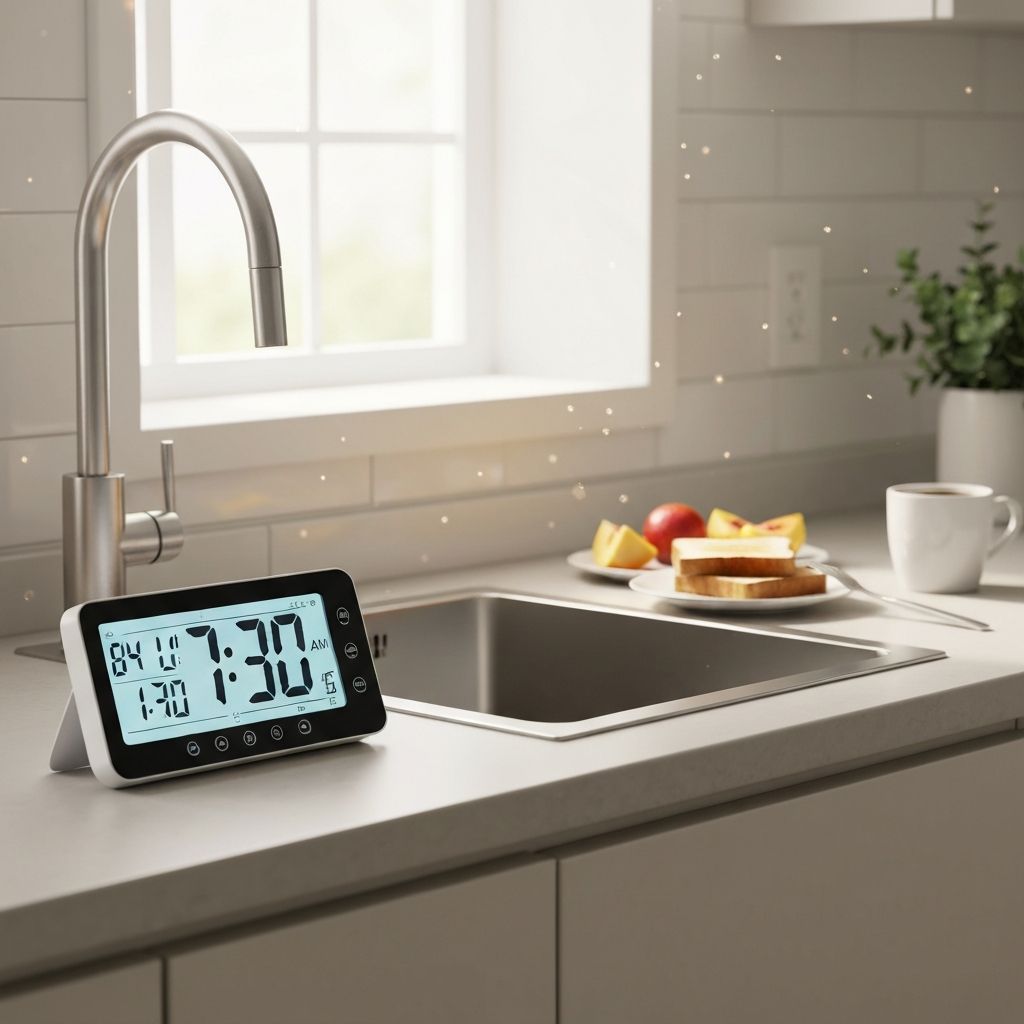 Uhr und Küche symbolisch für Essenszeiten